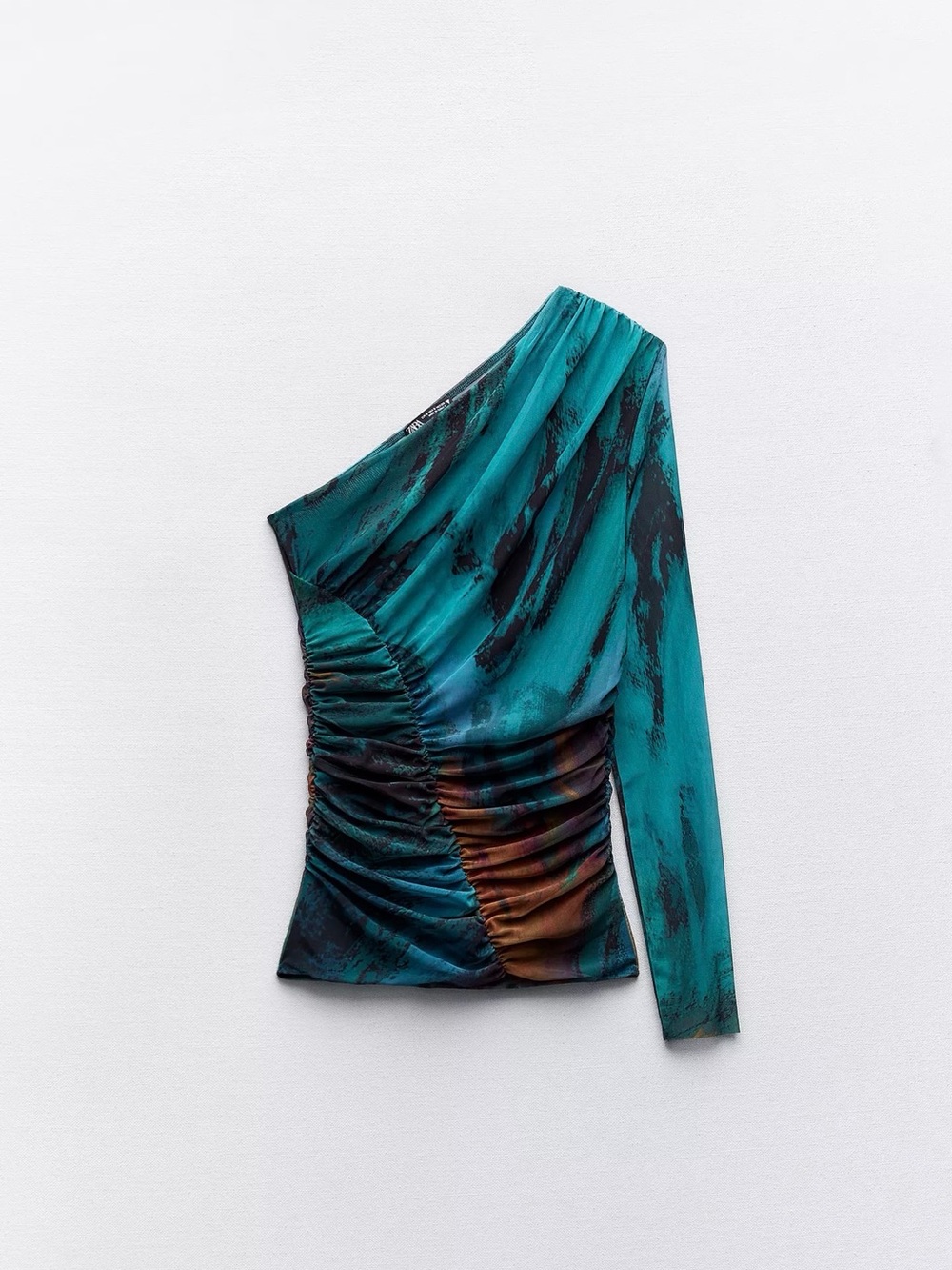Zara Printed Tulle One-Shoulder Top | Size L | Green/Blue Print | Ref. 5039/416”